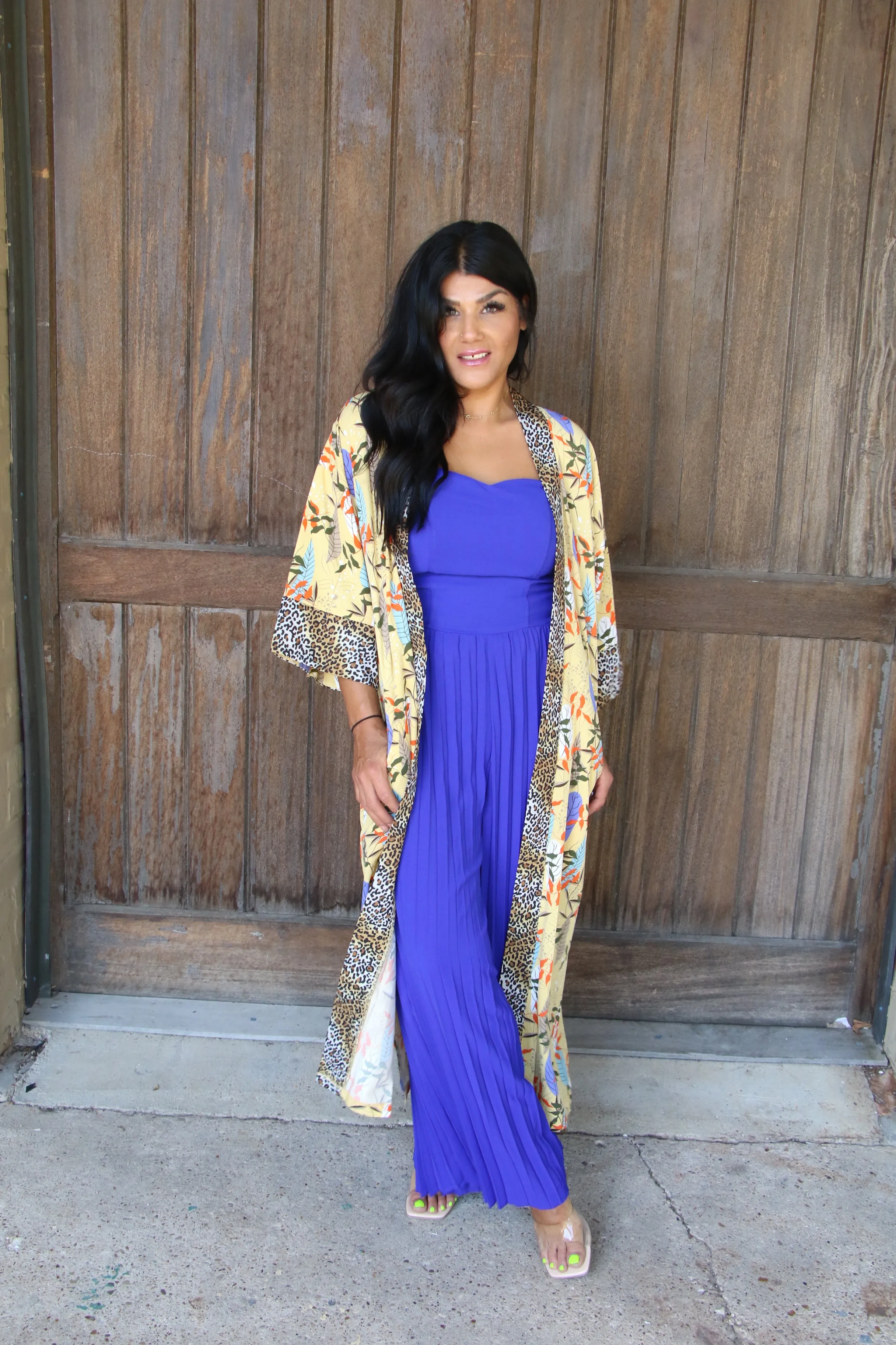 453 MAXI STYLE AND FLORAL PRINT DESIGN WITH ANIMAL PRINT CONTRAST KIMONO