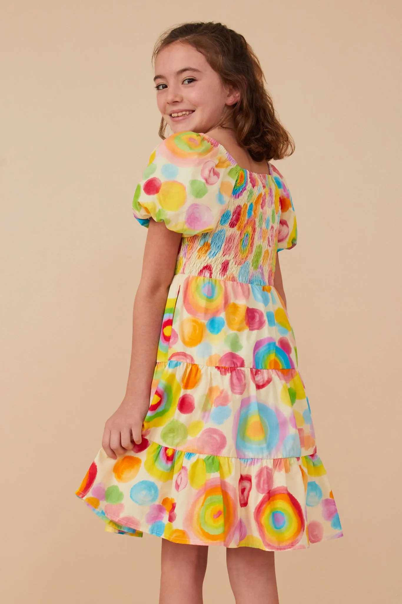 Abstract Print Smocked Satin Dress
