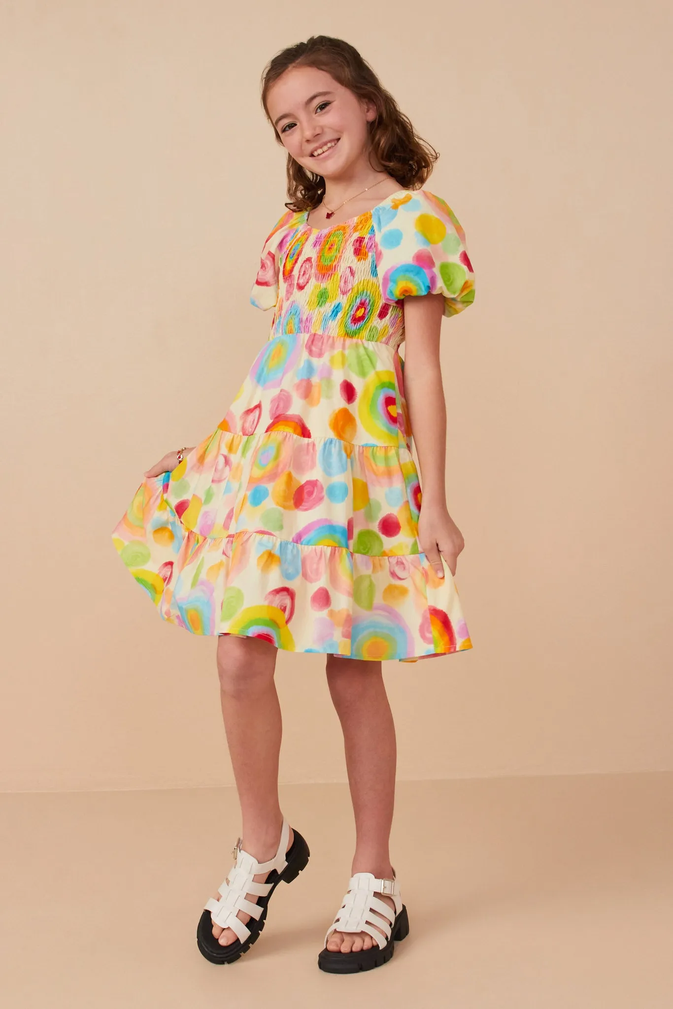 Abstract Print Smocked Satin Dress