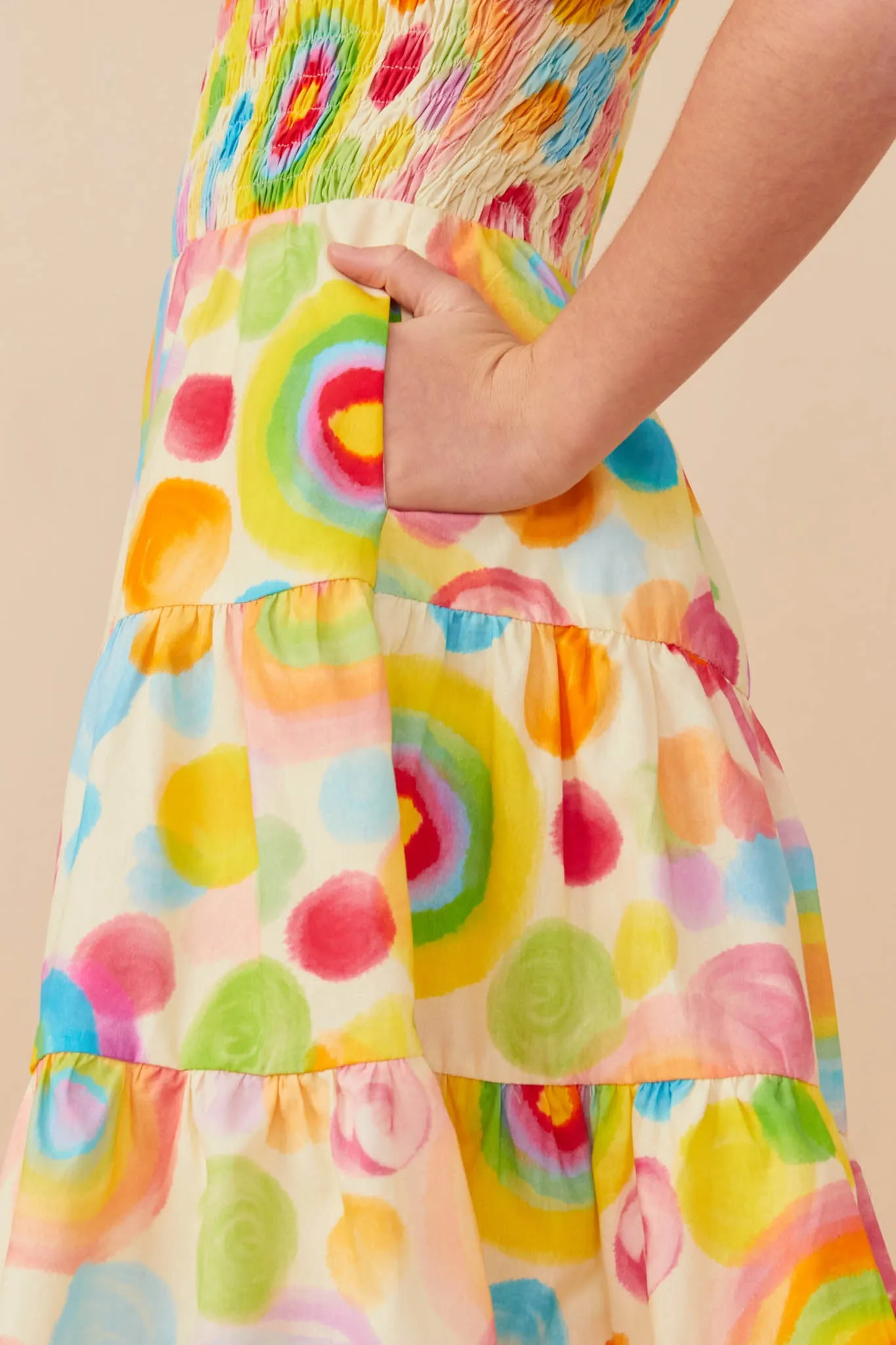 Abstract Print Smocked Satin Dress