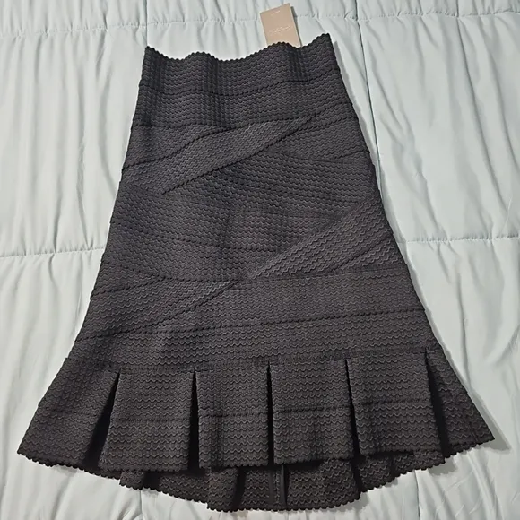 Anthropologie Girls From Savoy Black Textured Bandage Midi Skirt Flare Small NWT