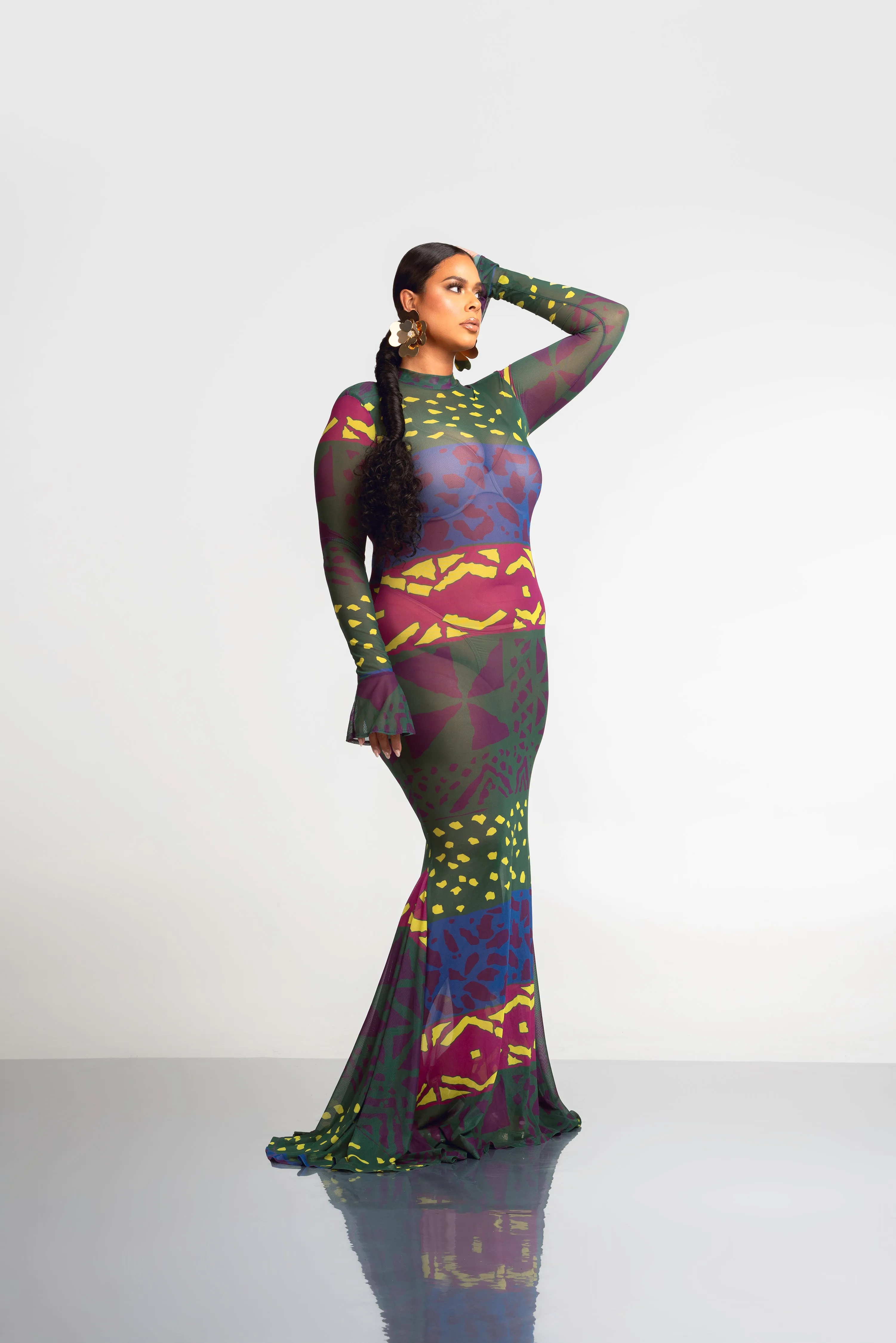 ANU GREEN LONG SLEEVE MAXI MESH DRESS