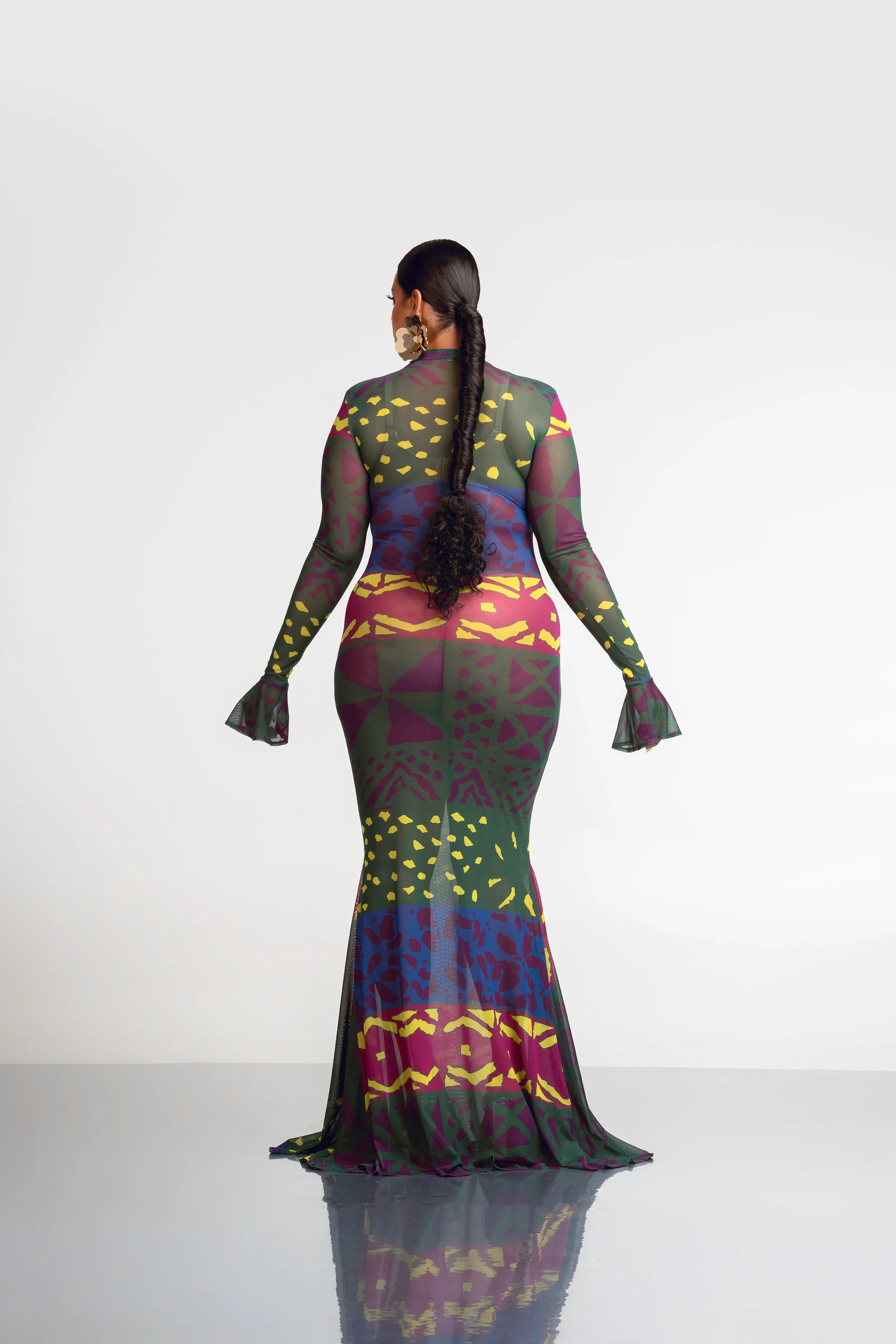 ANU GREEN LONG SLEEVE MAXI MESH DRESS