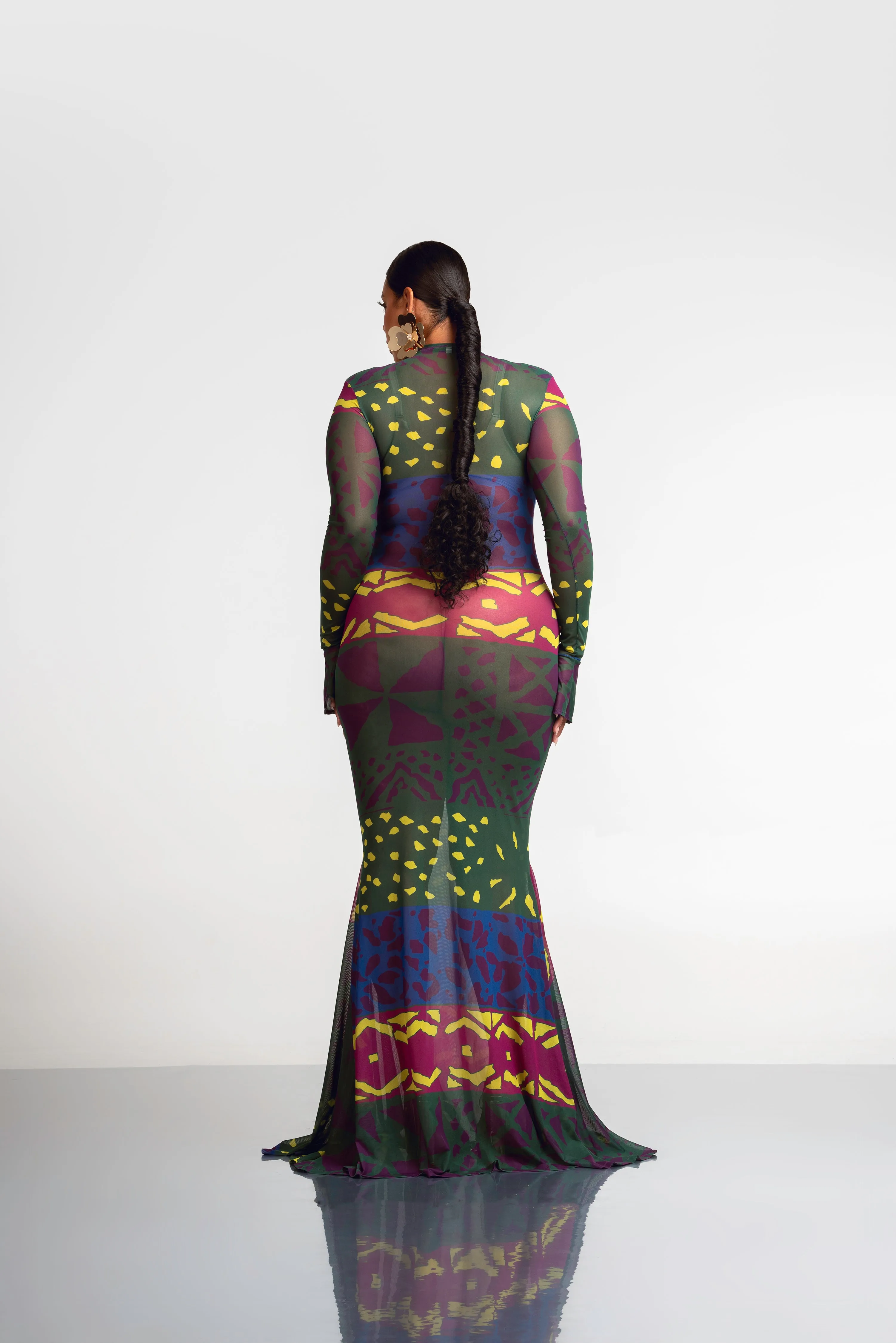 ANU GREEN LONG SLEEVE MAXI MESH DRESS