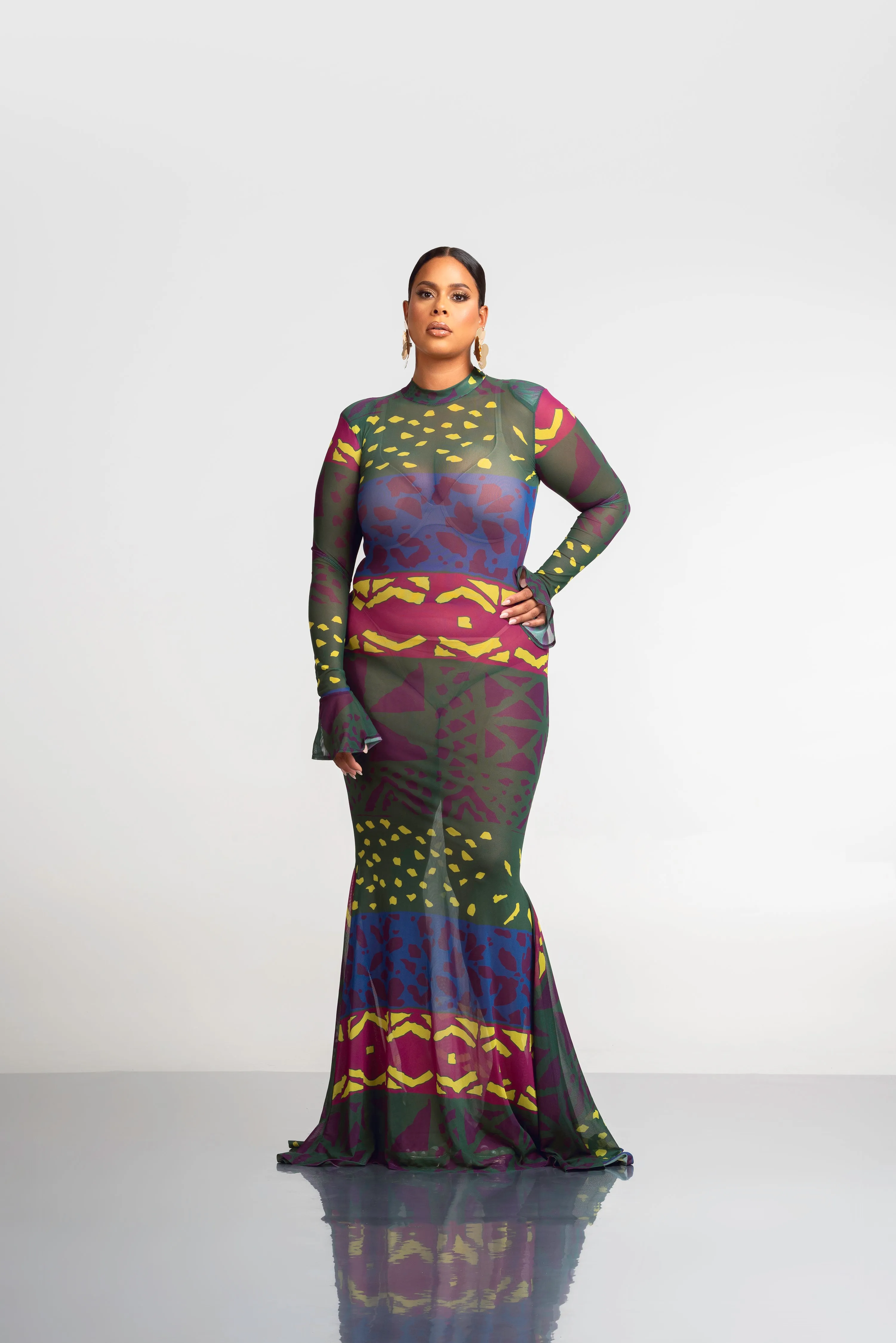 ANU GREEN LONG SLEEVE MAXI MESH DRESS