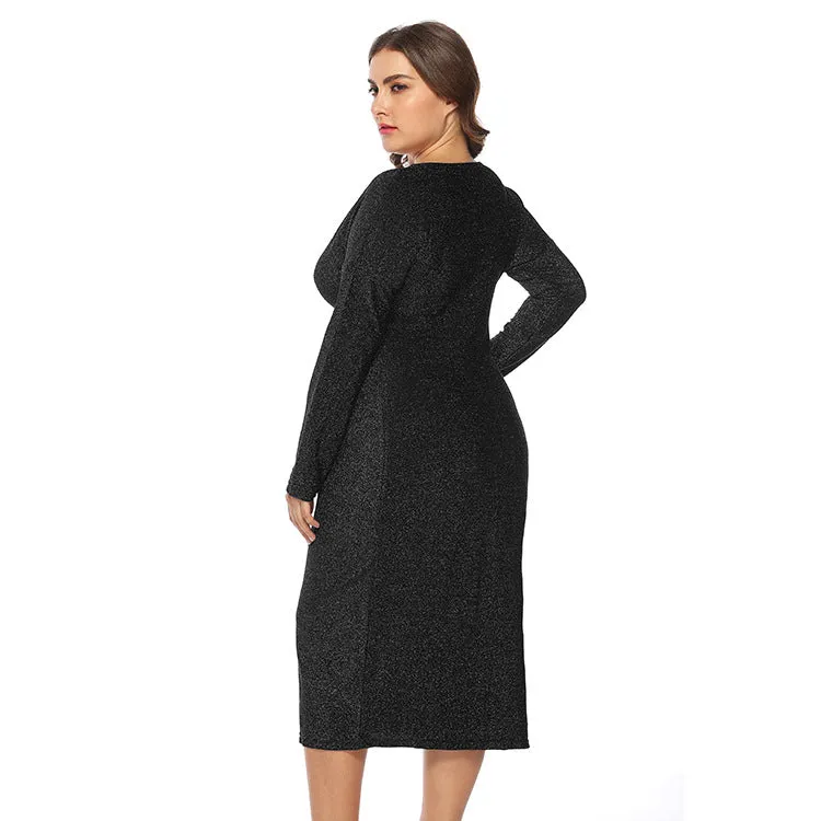 Autumn and Winter Plus Size Fat Mm Large Size Women's V-neck Dress