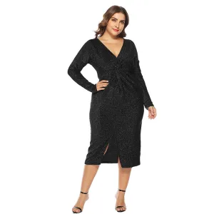 Autumn and Winter Plus Size Fat Mm Large Size Women's V-neck Dress