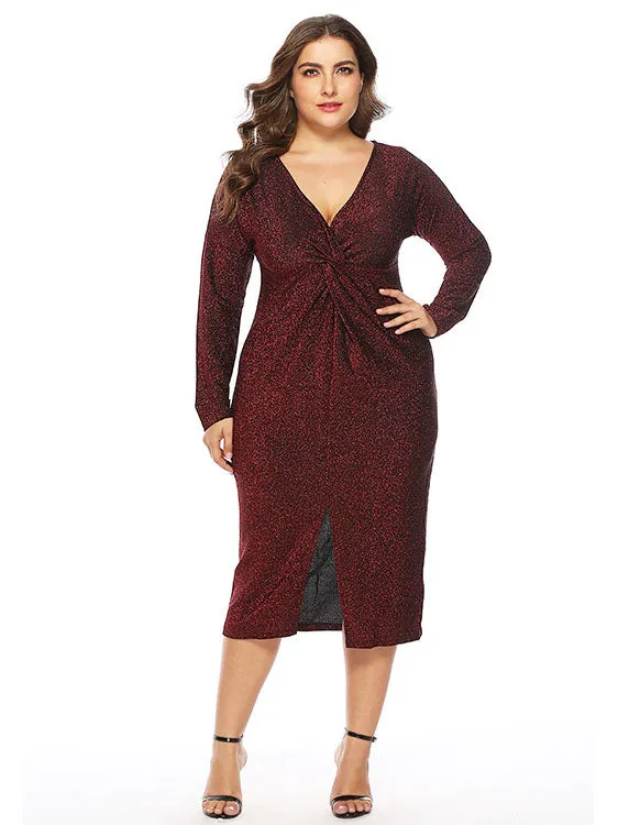 Autumn and Winter Plus Size Fat Mm Large Size Women's V-neck Dress