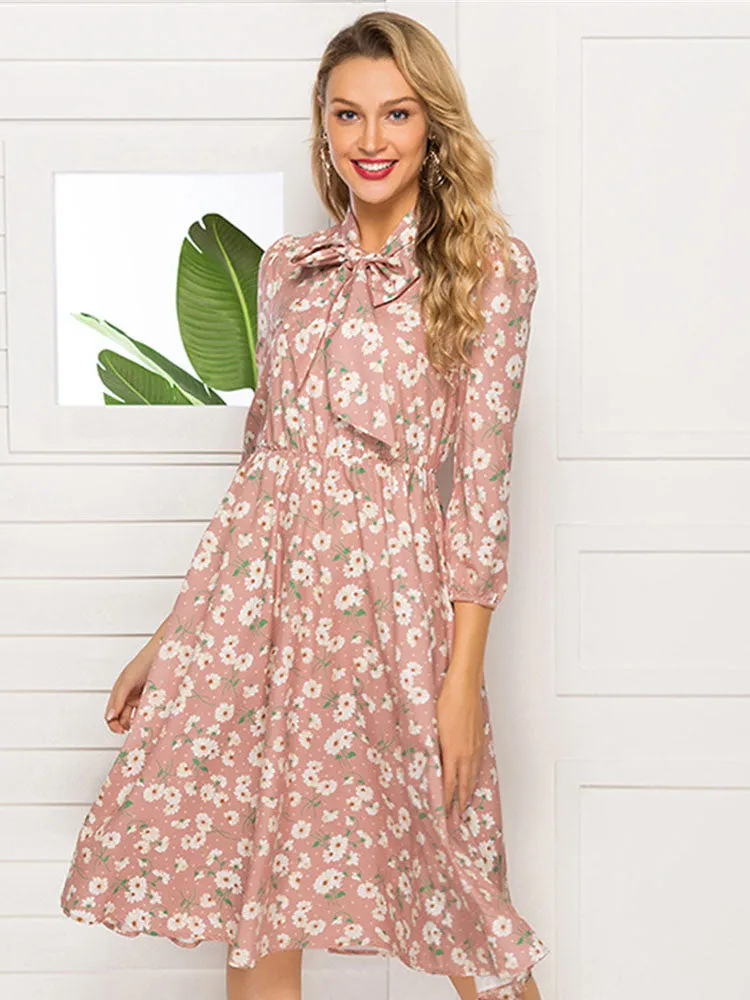 Autumn and Winter Women's Printed Lace-up Stand Collar Party Evening Dress Long-sleeved Pink Dress