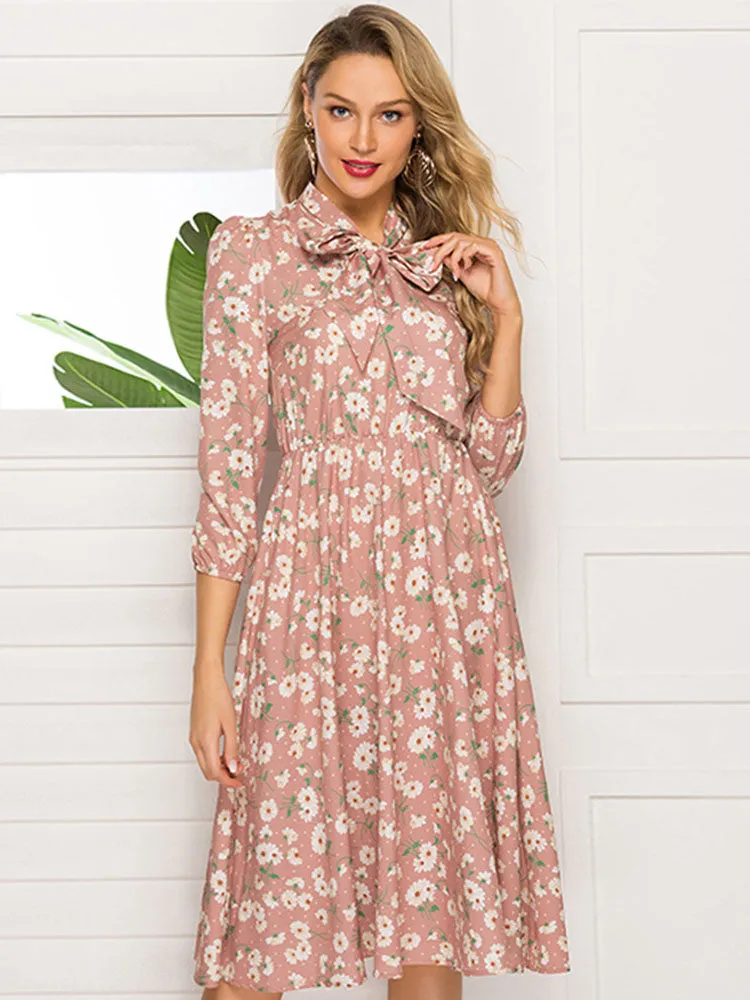 Autumn and Winter Women's Printed Lace-up Stand Collar Party Evening Dress Long-sleeved Pink Dress
