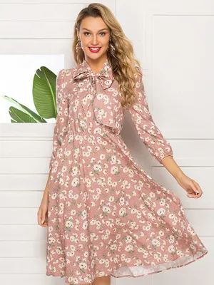 Autumn and Winter Women's Printed Lace-up Stand Collar Party Evening Dress Long-sleeved Pink Dress