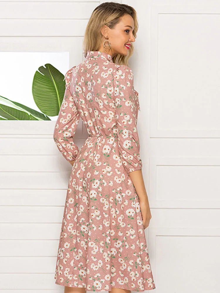 Autumn and Winter Women's Printed Lace-up Stand Collar Party Evening Dress Long-sleeved Pink Dress