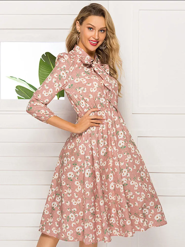 Autumn and Winter Women's Printed Lace-up Stand Collar Party Evening Dress Long-sleeved Pink Dress
