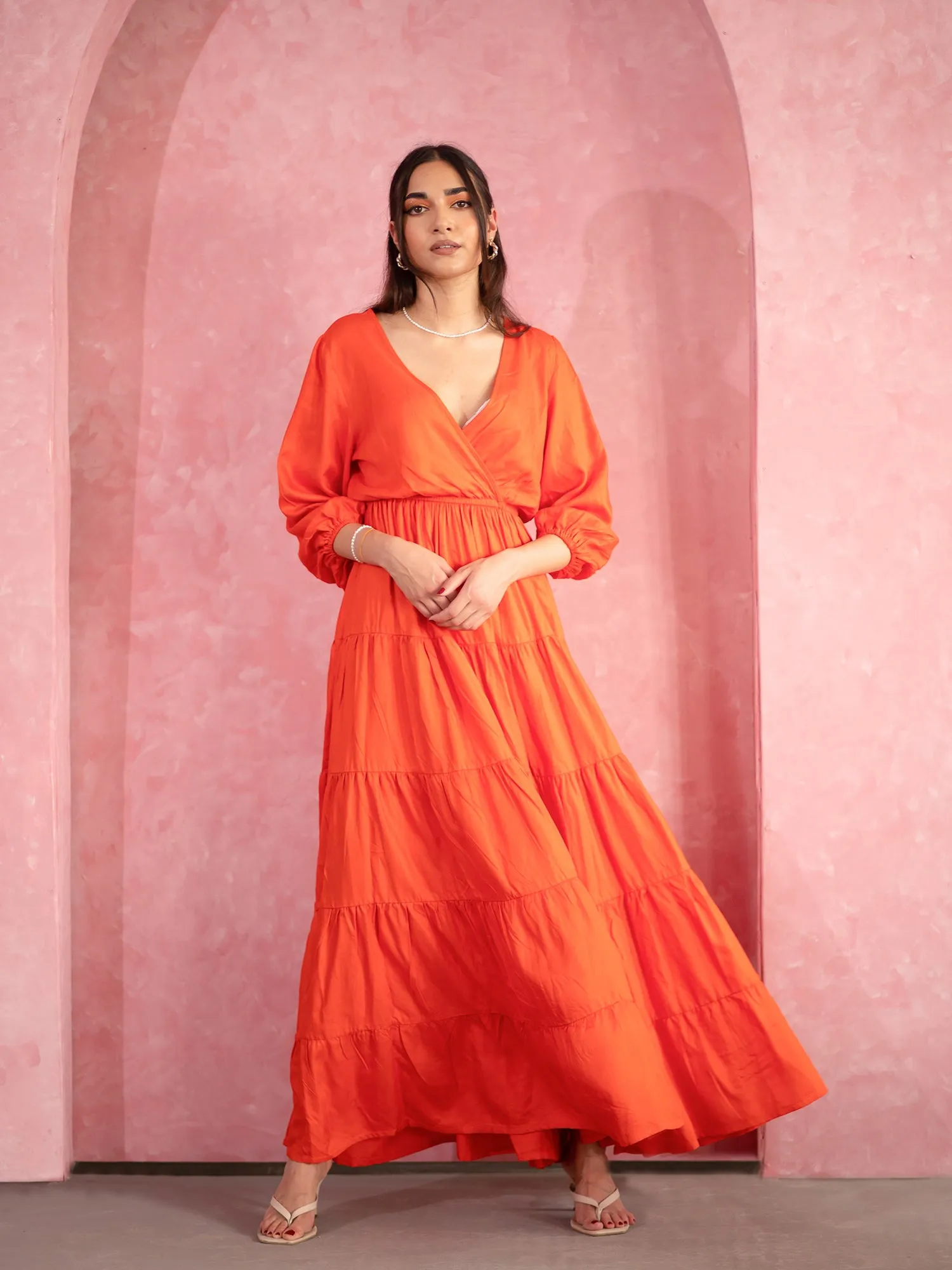Balloon Sleeve Tiered Maxi Dress