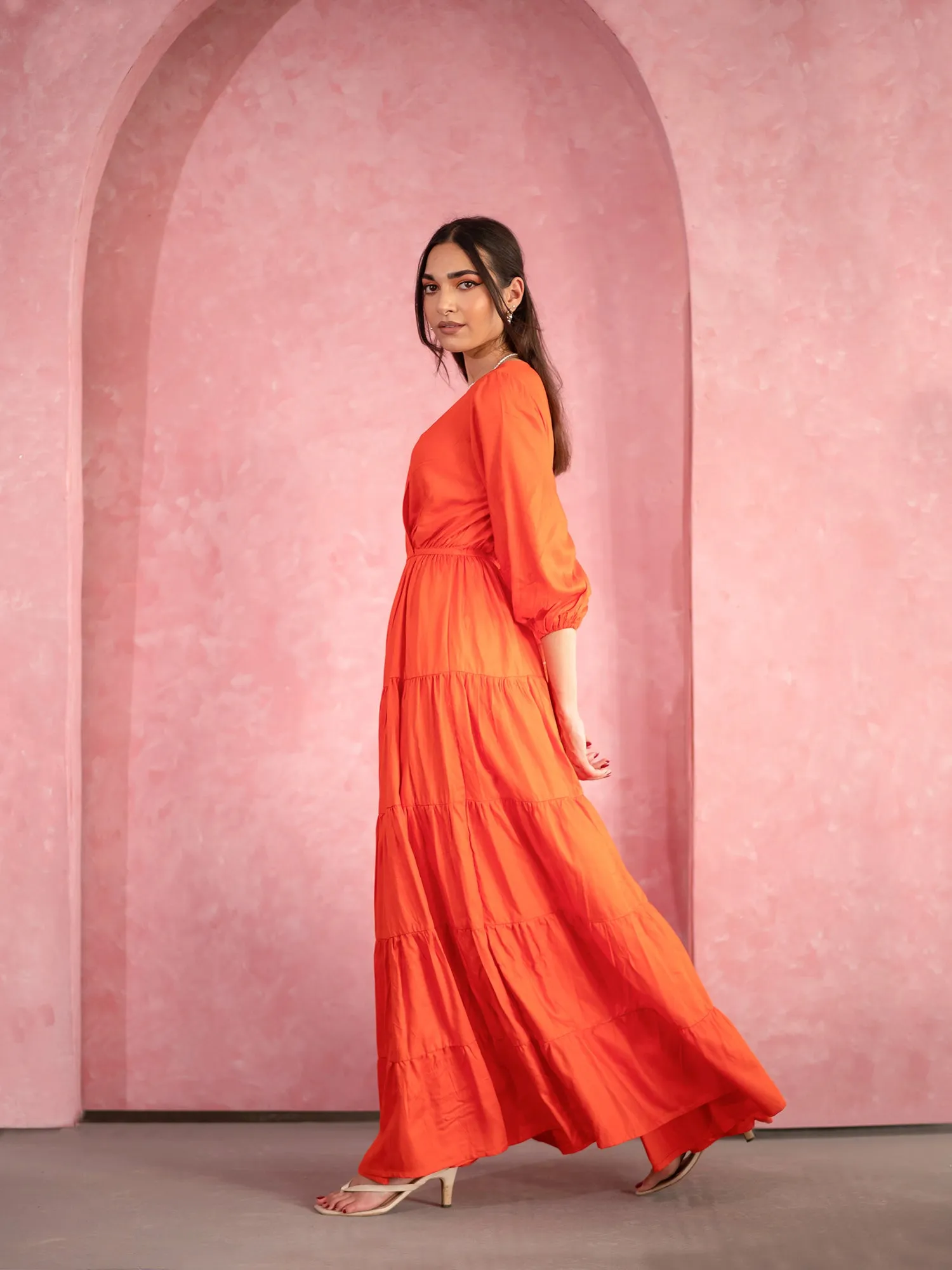 Balloon Sleeve Tiered Maxi Dress