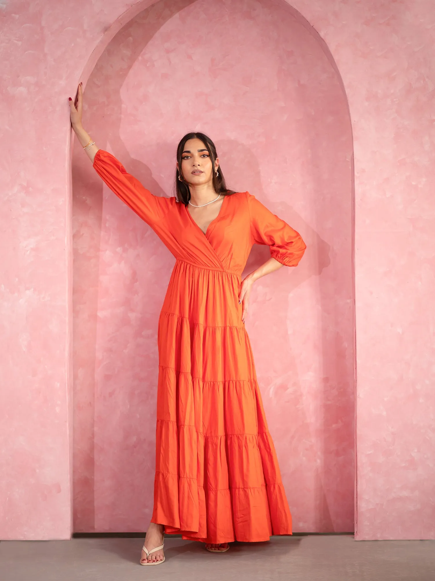 Balloon Sleeve Tiered Maxi Dress