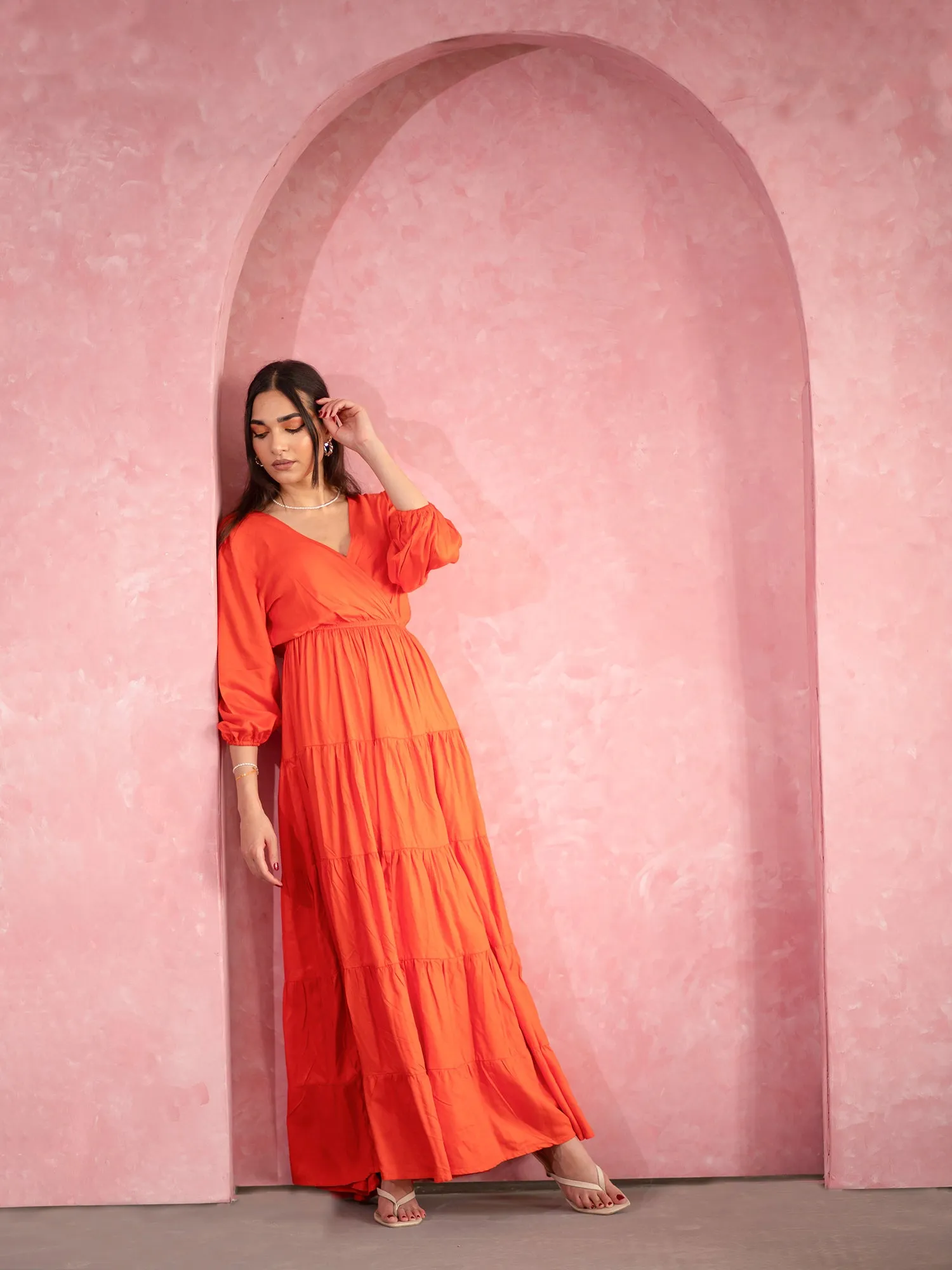 Balloon Sleeve Tiered Maxi Dress