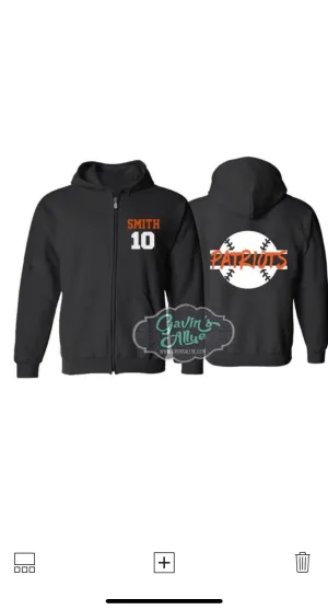 Baseball Zip Hoodie | Customize with your Team & Colors | Adult or Youth Sizes
