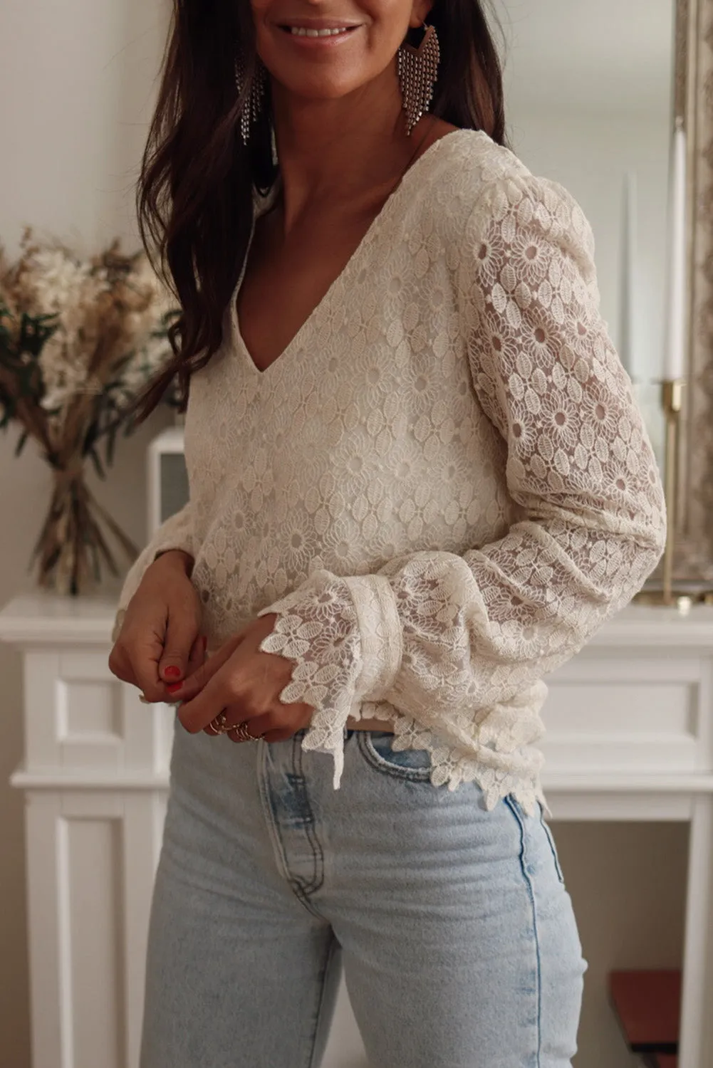 Beige Floret Lace V Neck Long Sleeve Blouse