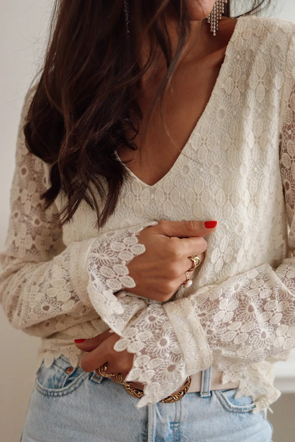 Beige Floret Lace V Neck Long Sleeve Blouse