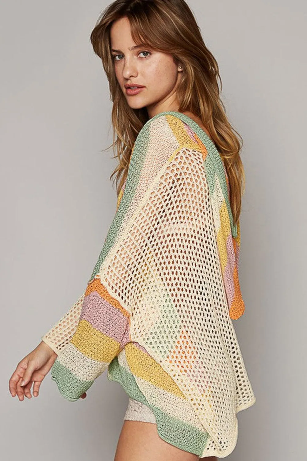 Beige Oversized Colorblock V Neck Hooded Sweater