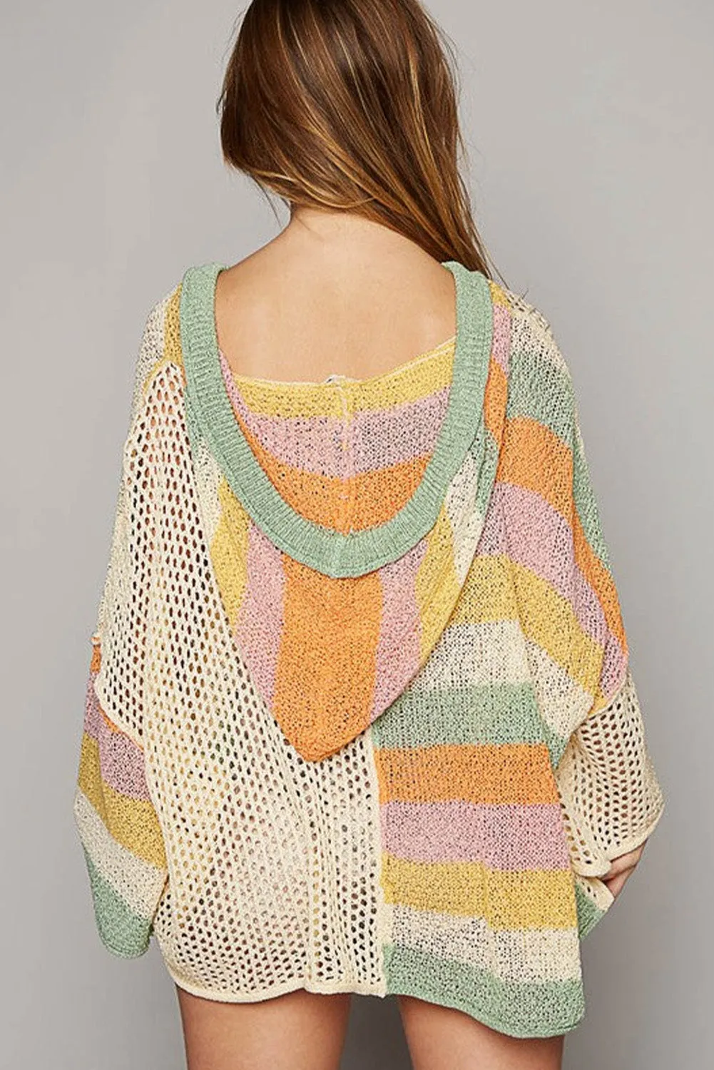 Beige Oversized Colorblock V Neck Hooded Sweater