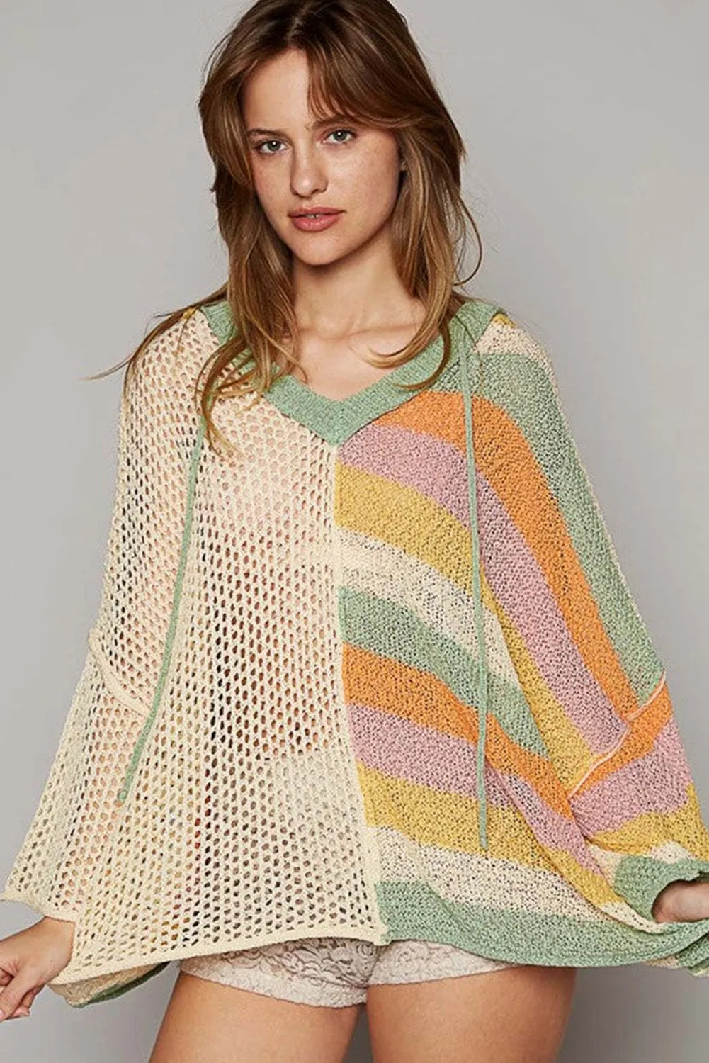 Beige Oversized Colorblock V Neck Hooded Sweater