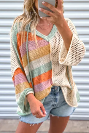 Beige Oversized Colorblock V Neck Hooded Sweater