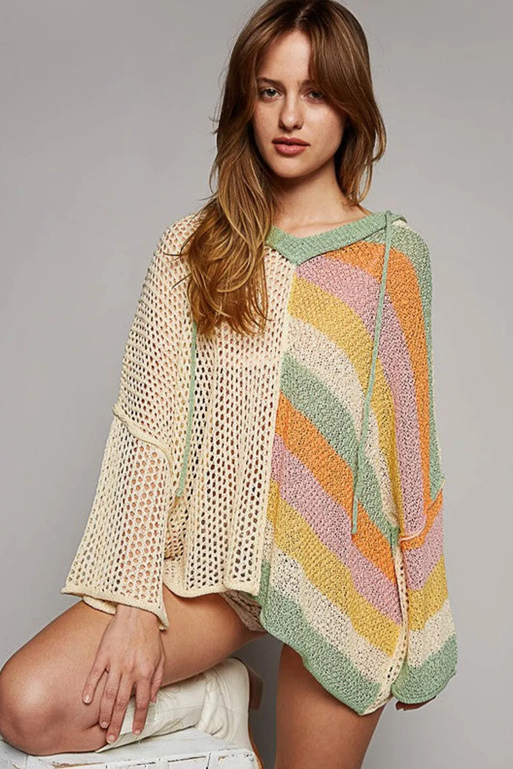 Beige Oversized Colorblock V Neck Hooded Sweater