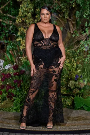 BLACK ABSTRACT TATTOO LACE SLEEVELESS MAXI DRESS