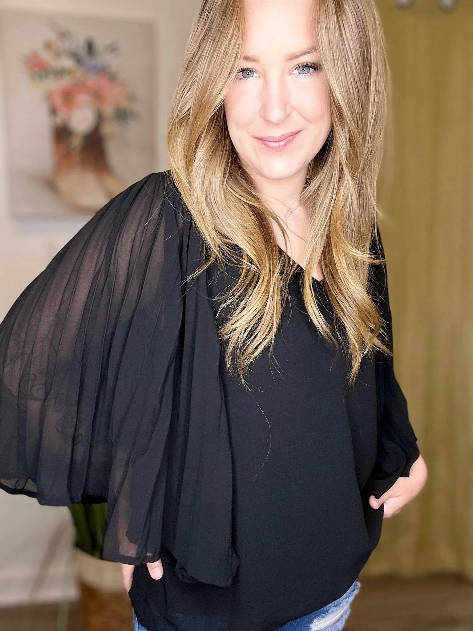 Black Accordion Sleeve Blouse