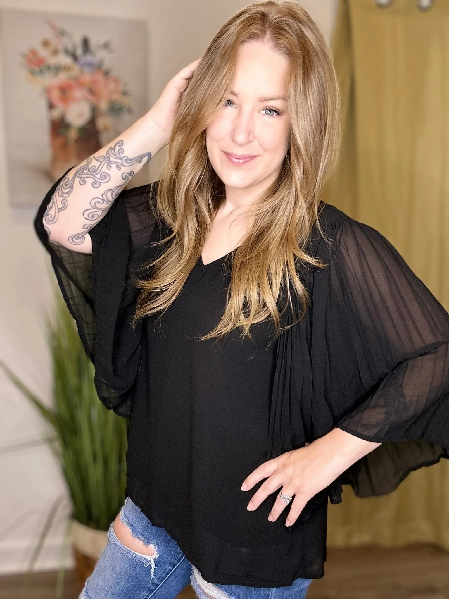 Black Accordion Sleeve Blouse