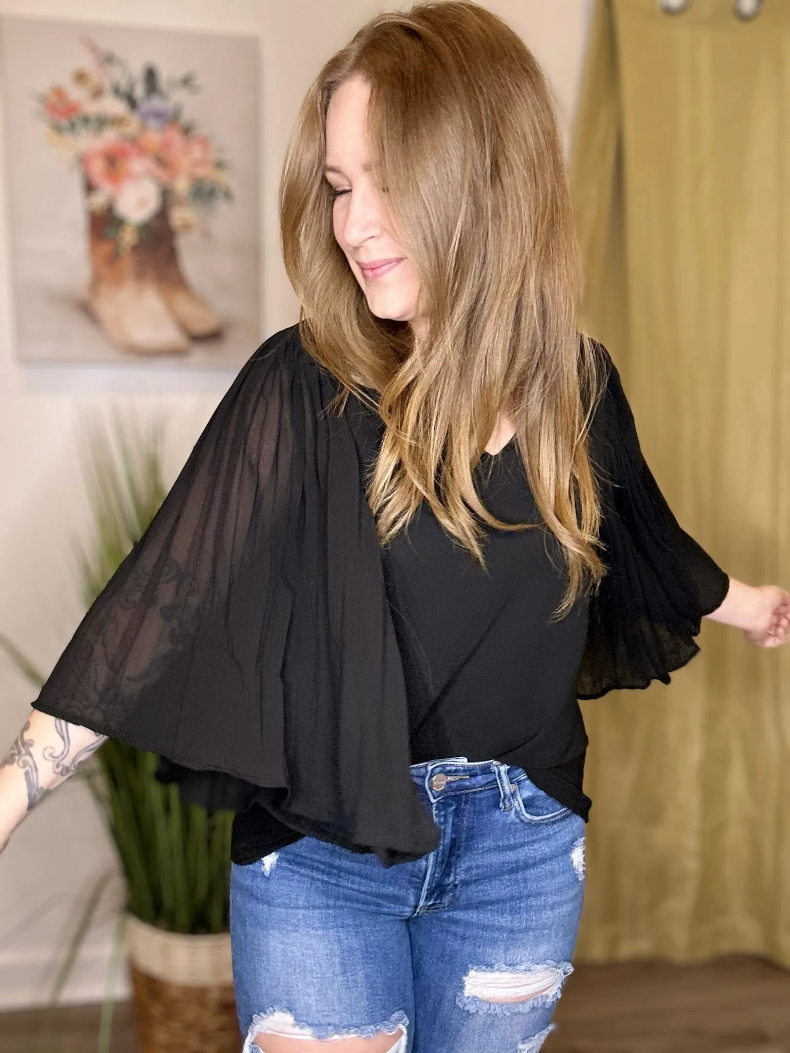 Black Accordion Sleeve Blouse