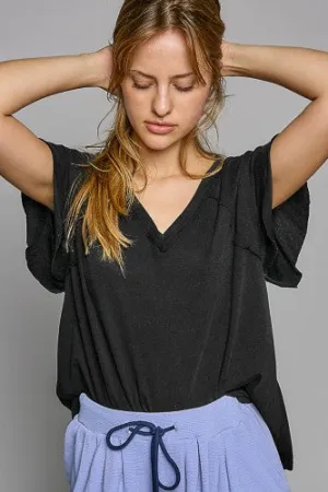 Black Flutter Sleeve V Neck Essential Tee