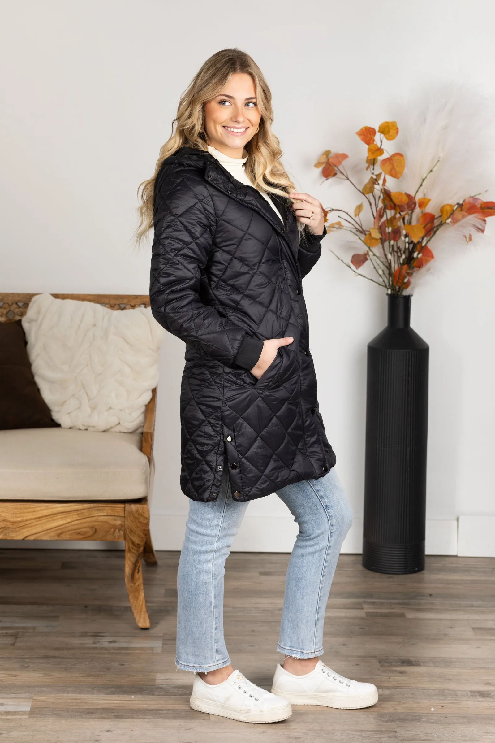 Black Quilted Hooded Zip-Up Jacket