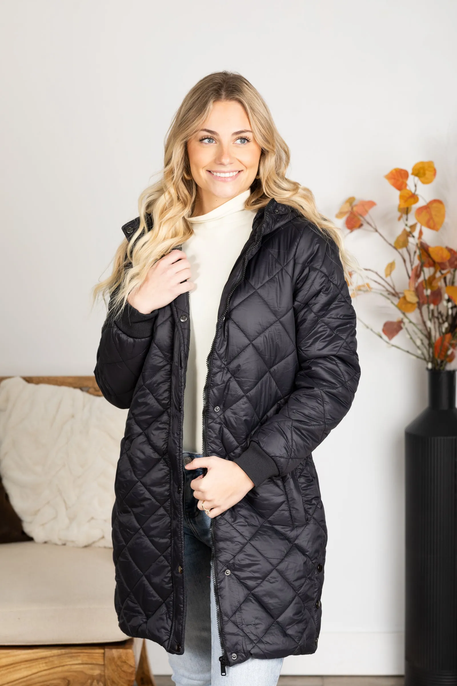 Black Quilted Hooded Zip-Up Jacket