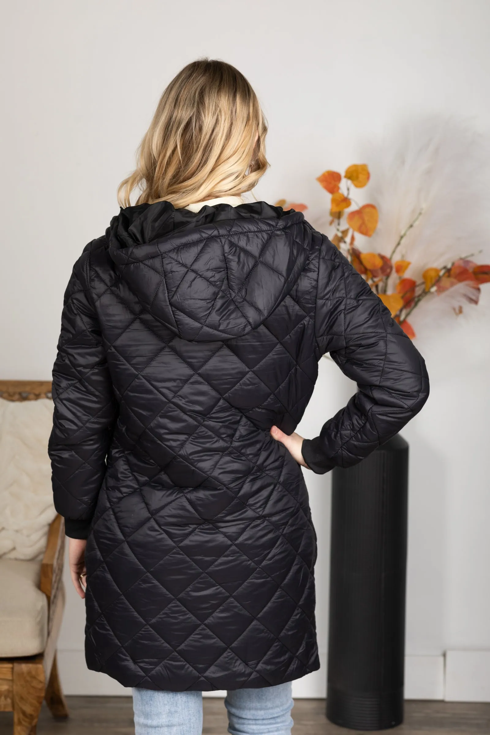 Black Quilted Hooded Zip-Up Jacket