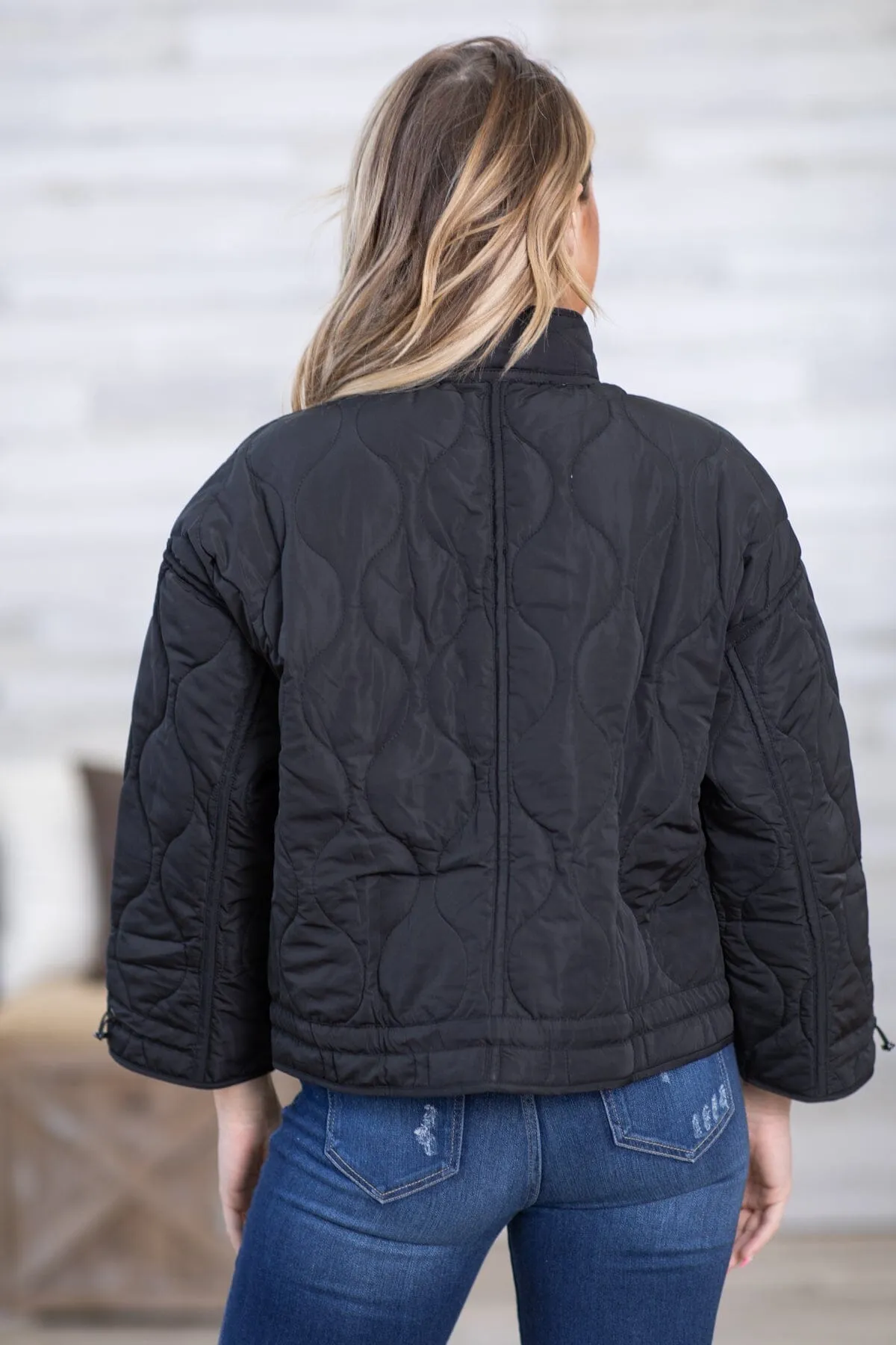Black Quilted Jacket With Side Tie Detail