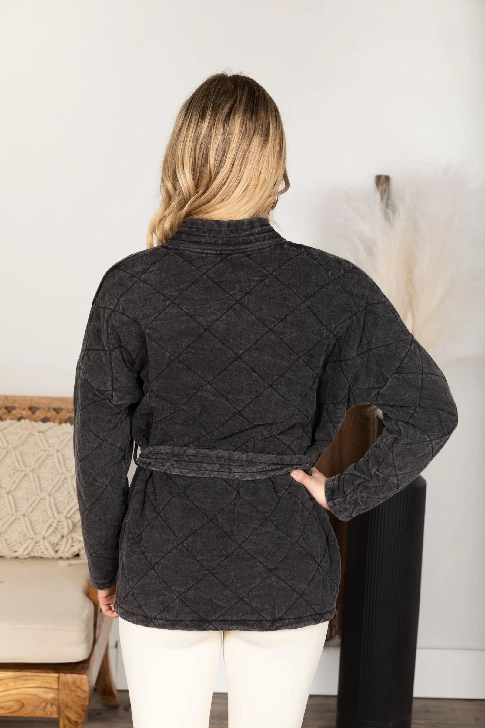 Black Quilted Mineral Washed Wrapped Jacket