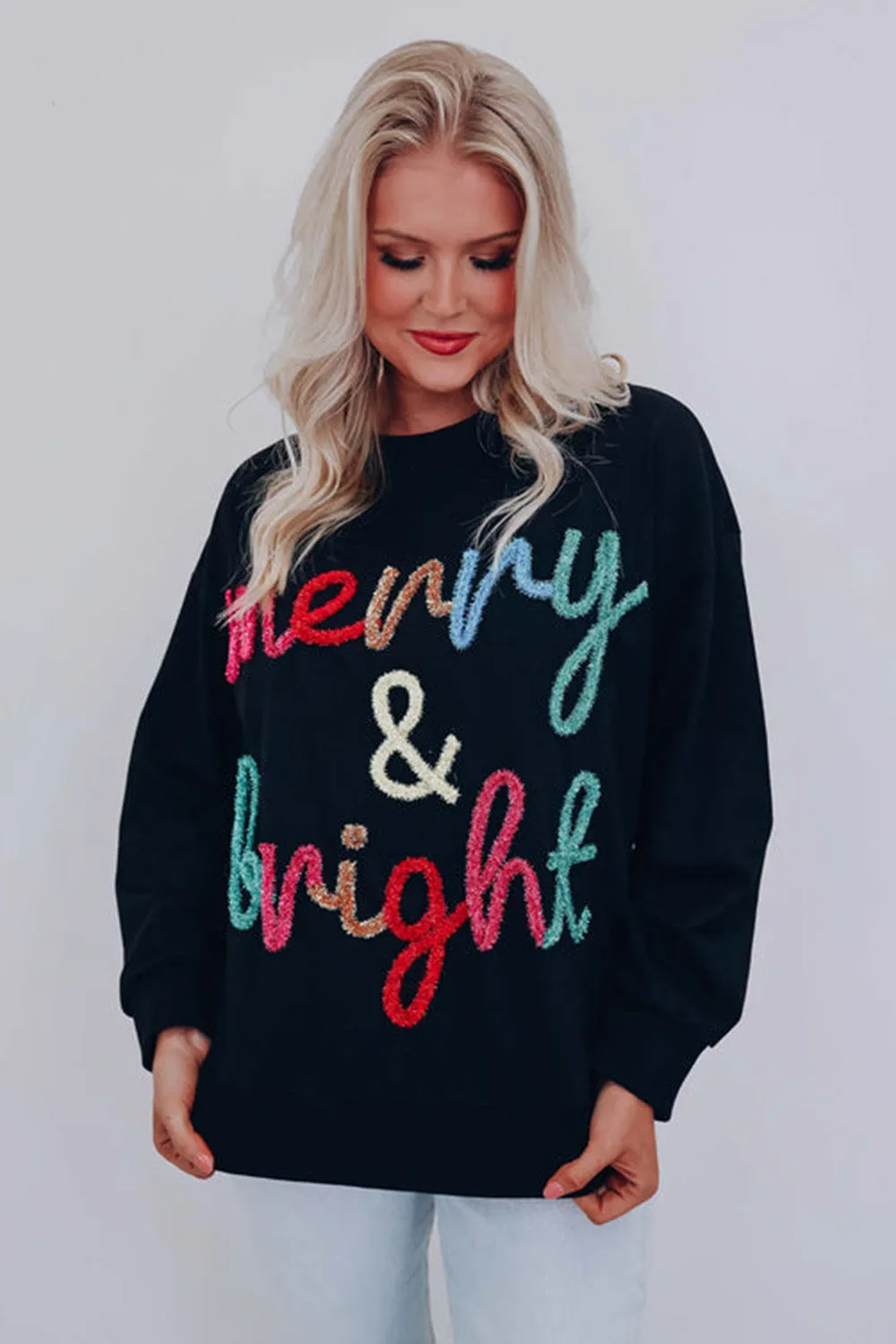 Black Tinsel Merry & Bright Graphic Pullover Sweatshirt