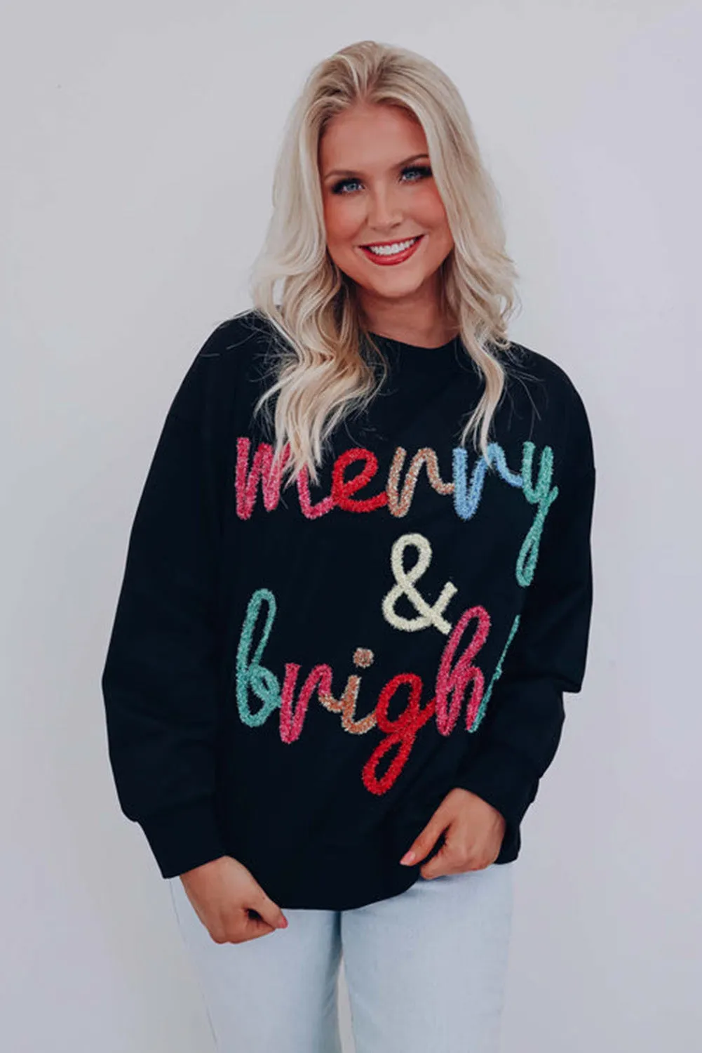 Black Tinsel Merry & Bright Graphic Pullover Sweatshirt