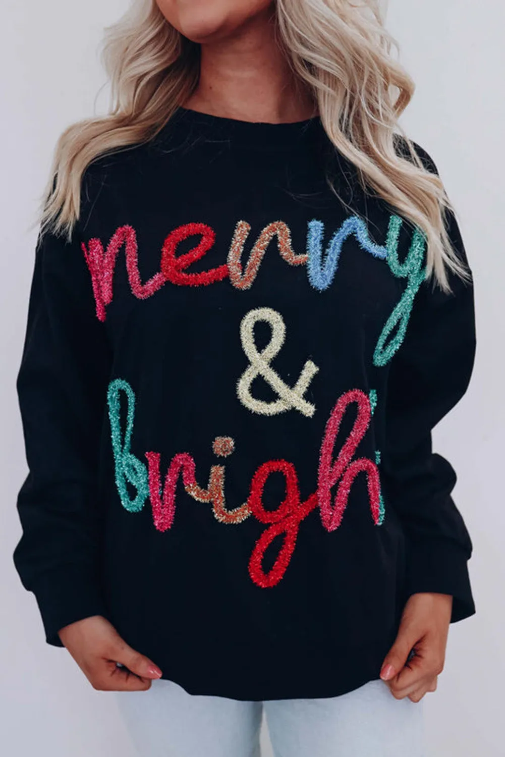 Black Tinsel Merry & Bright Graphic Pullover Sweatshirt