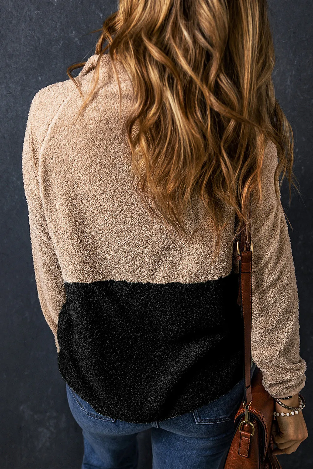 Black Two Tones Color Block Half Zip Fleece Sweatshirt