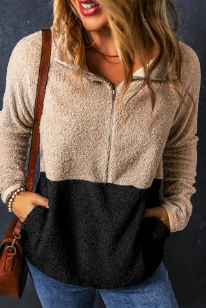 Black Two Tones Color Block Half Zip Fleece Sweatshirt