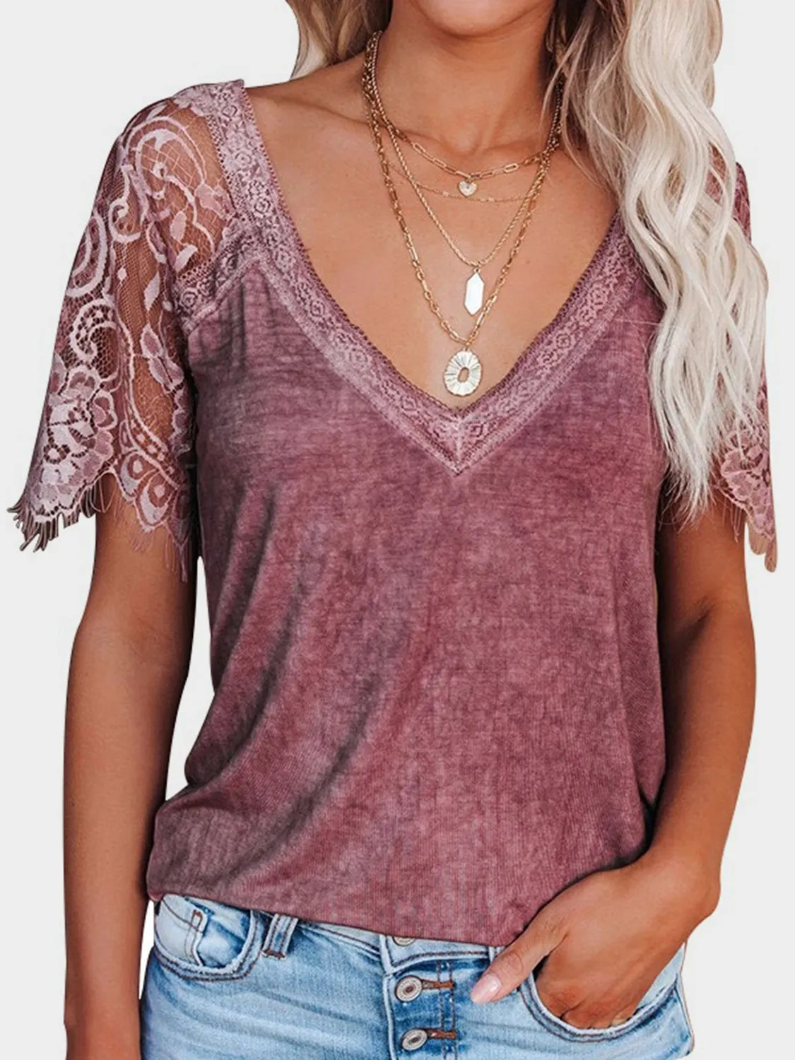 Blair Lace Patchwork V-Neck Short Sleeve T-Shirt