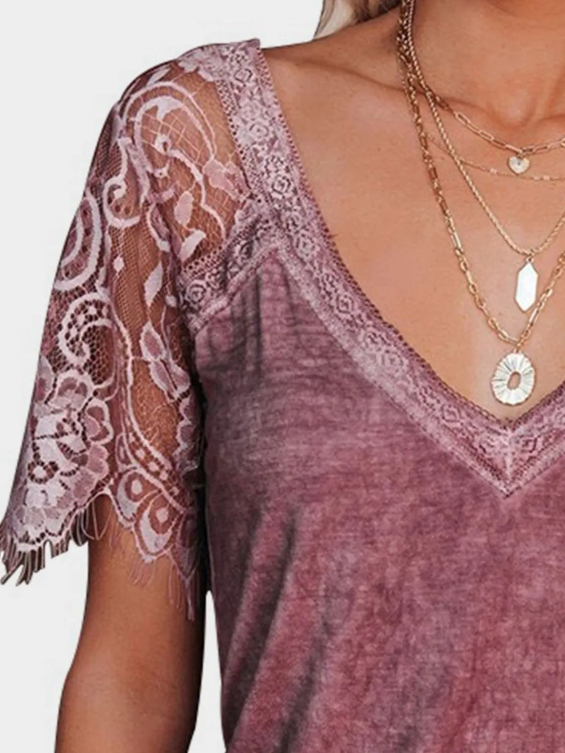 Blair Lace Patchwork V-Neck Short Sleeve T-Shirt