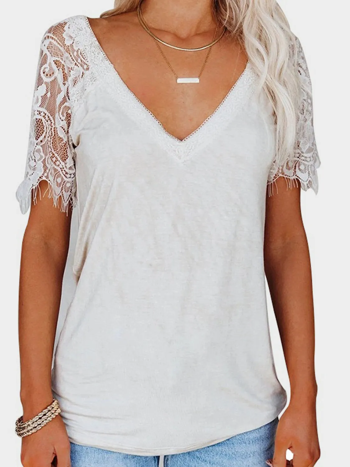 Blair Lace Patchwork V-Neck Short Sleeve T-Shirt