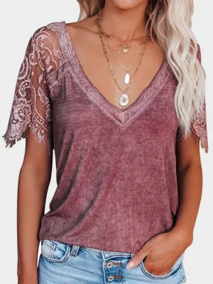 Blair Lace Patchwork V-Neck Short Sleeve T-Shirt