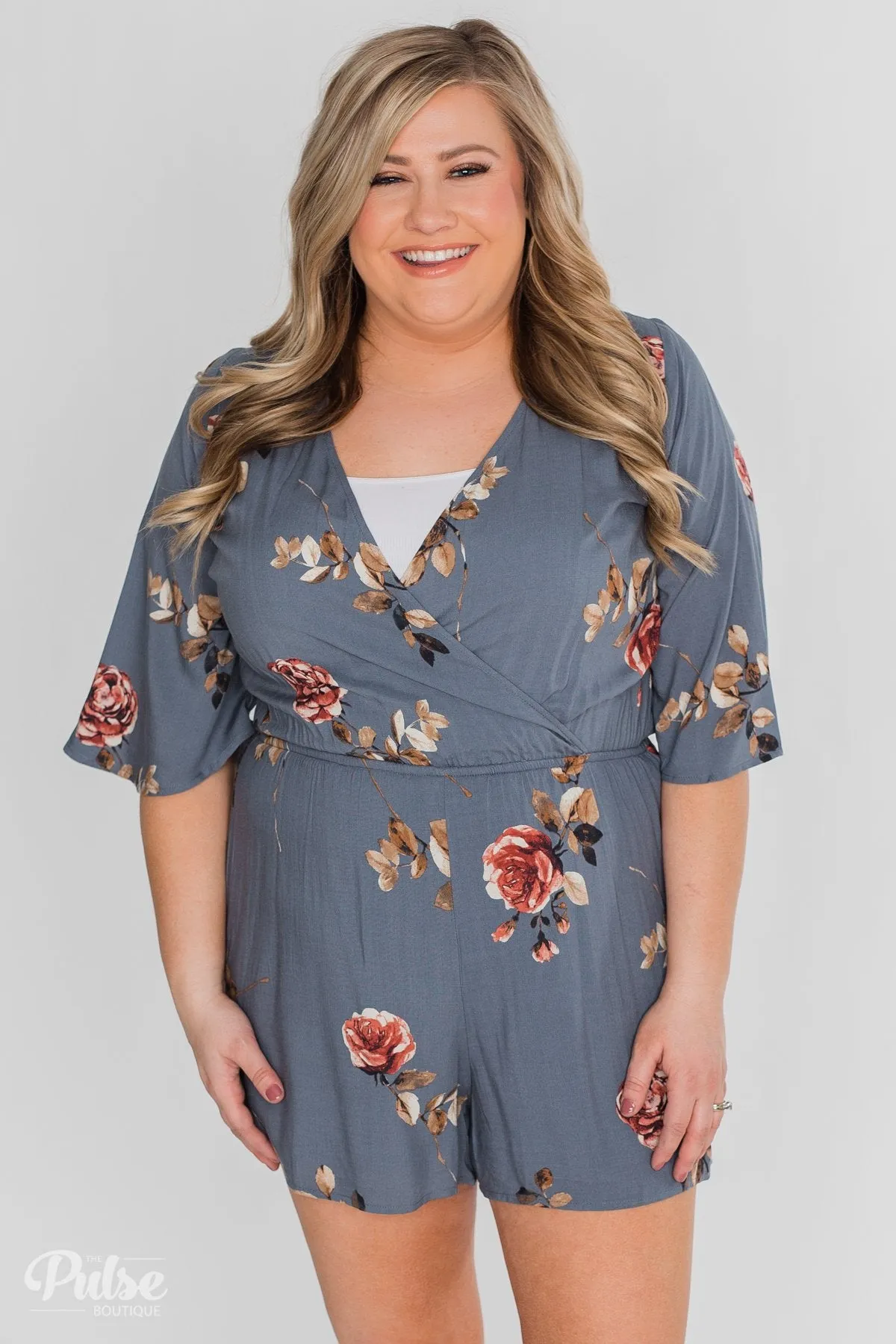 Bloom Where You're Planted Floral Romper - Steel Blue