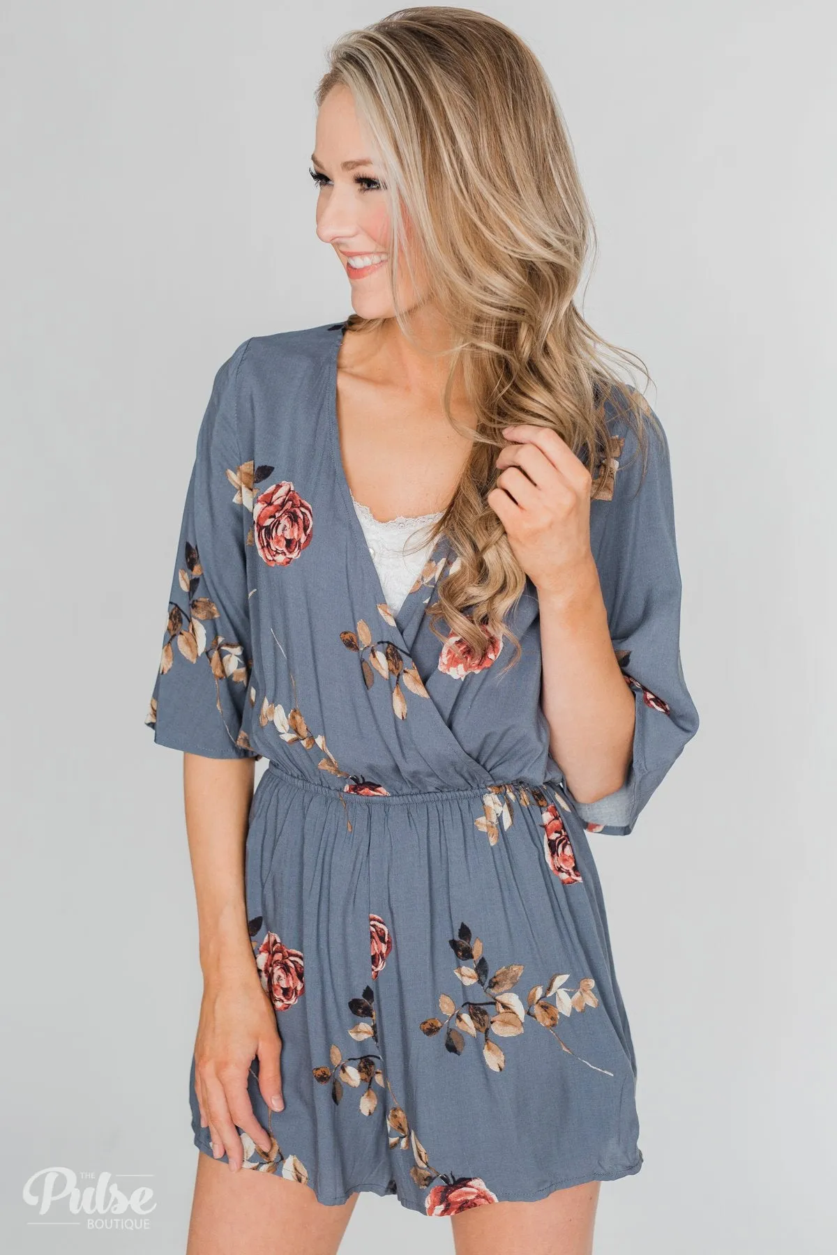 Bloom Where You're Planted Floral Romper - Steel Blue